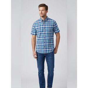 Lands End Men’s 100% Cotton Blue Plaid Short Sleeve Button Down Shirt Medium